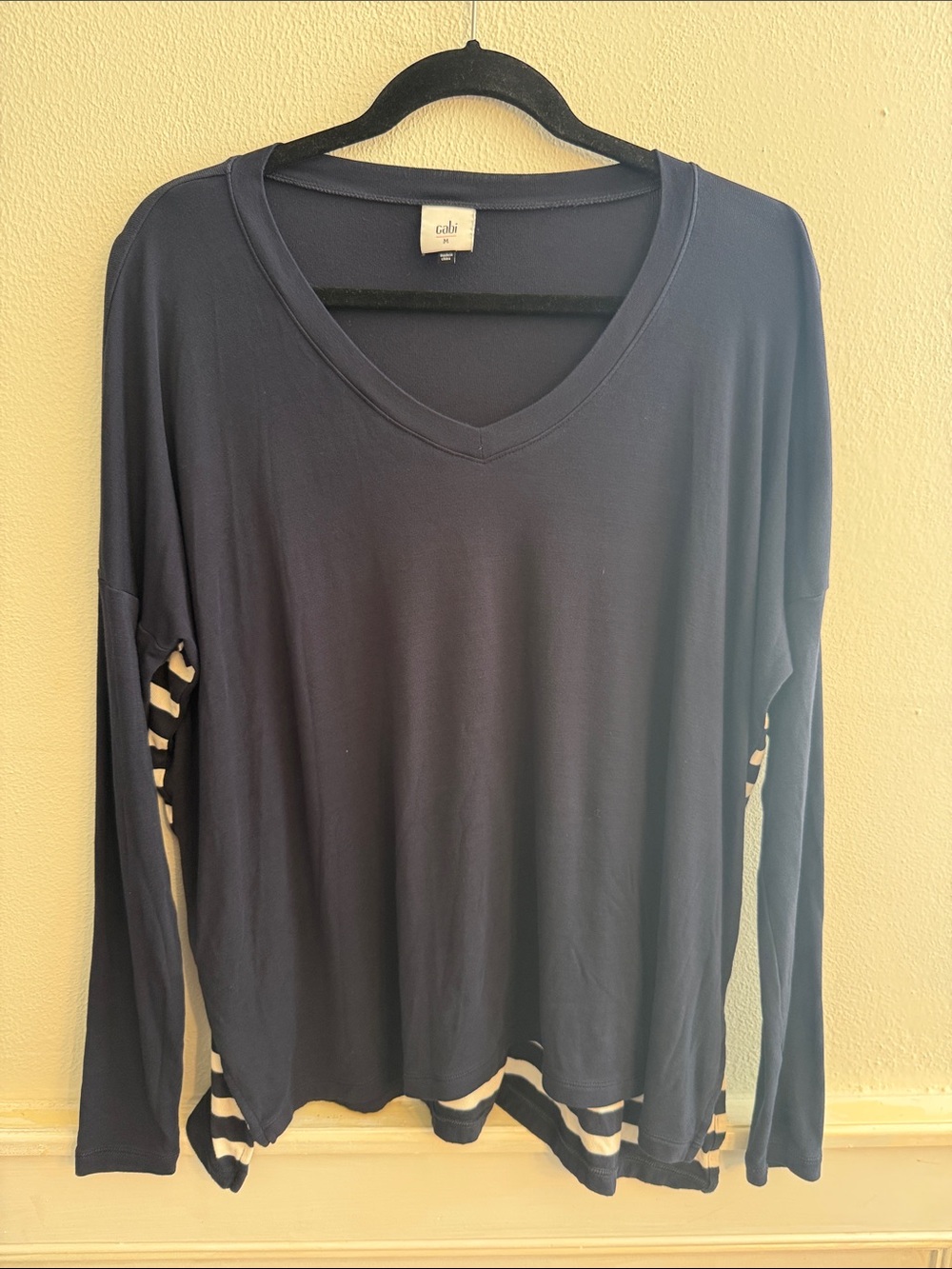 CAbi Navy Long Sleeve V-Neck Top with Cream Stripe Accents
